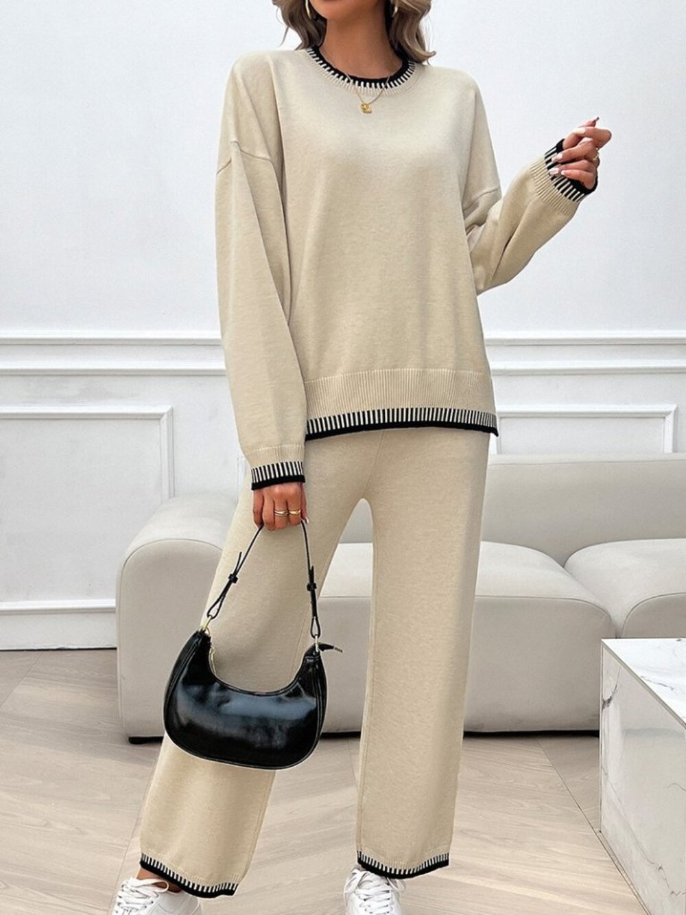 Color Block Round Neck Drop Shoulder Loose Pant Set NEW - Cream - Picture 2 of 3